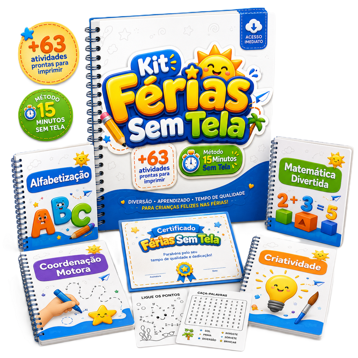 Mockup principal do Kit Férias Sem Tela com caderno, certificado e atividades